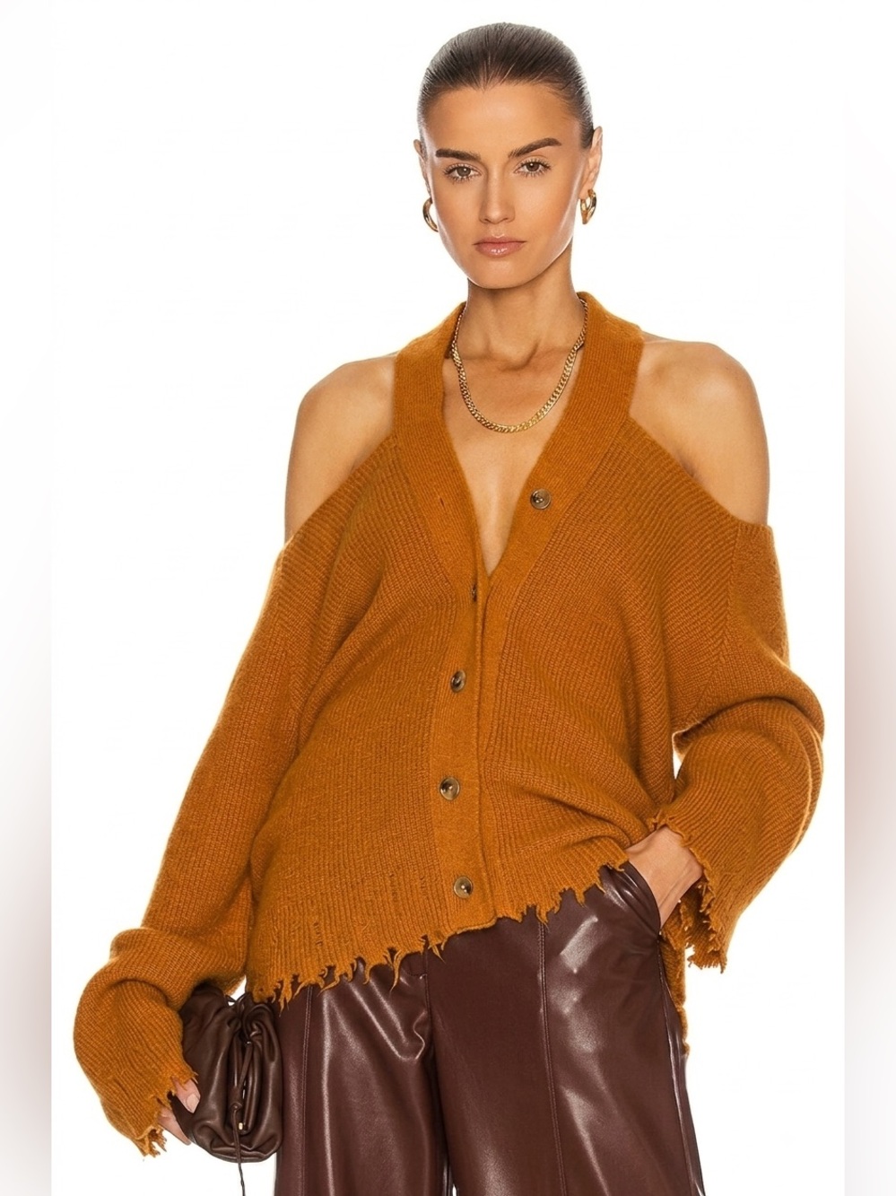 NANUSHKA Hee Sweater Cold-Shoulder Baby Alpaca Blend Cardigan Burnt Orange